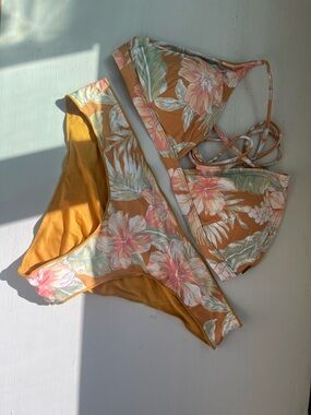 Rip Curl Floral Two-Piece Bikini Set in Mustard and Pink